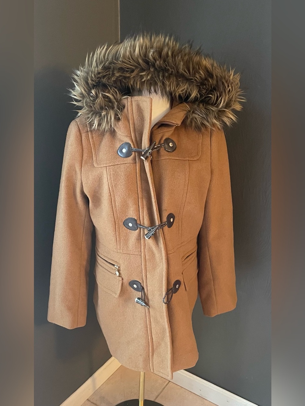 Calvin Klein Women’s Wool Blend Duffle Coat – Tan/Camel – Estimated Large